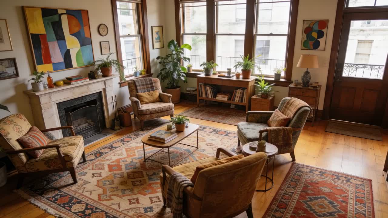 Panoramische camera onthult de centrale zithoek in de woonkamer, met een patroonkleed en een fauteuil.