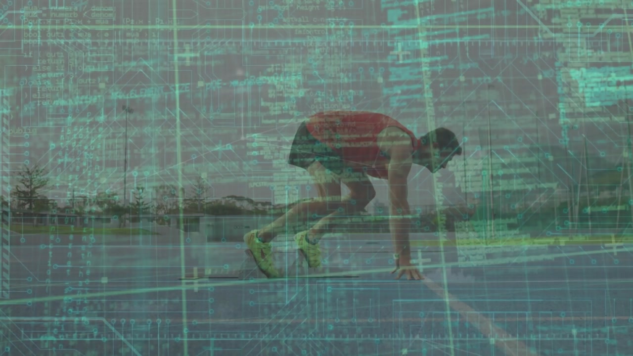 Animation of data processing over caucasian man preparing for run at stadium