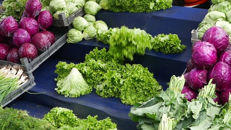 Fresh Lettuce and Cabbage Displayed at a Local Farmers Market