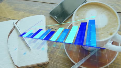 Animation-of-statistical-data-processing-against-smartphone,-coffee-cup-and-diary-on-wooden-table