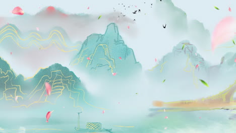 china's traditional, chinese painting ink in the mountains with flowers, tree, birds, and river in fog background artwork