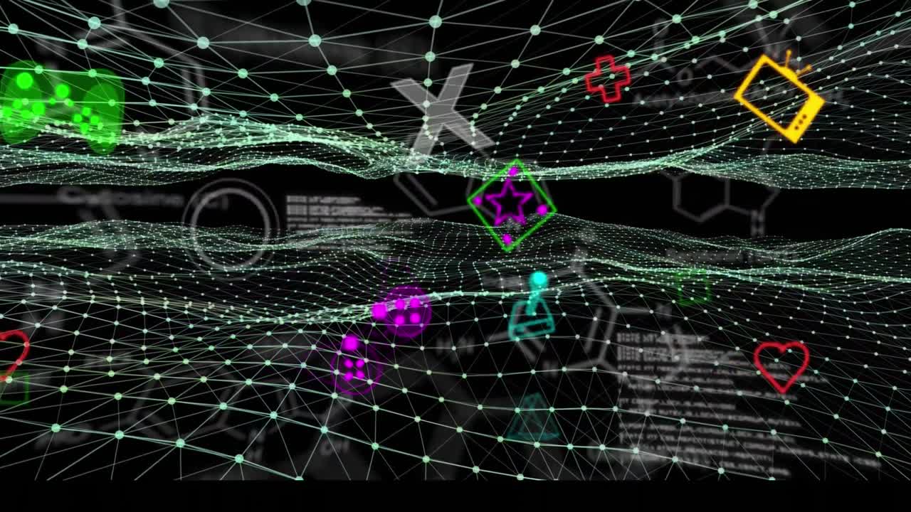 animación de formas y procesamiento de datos sobre fondo negro