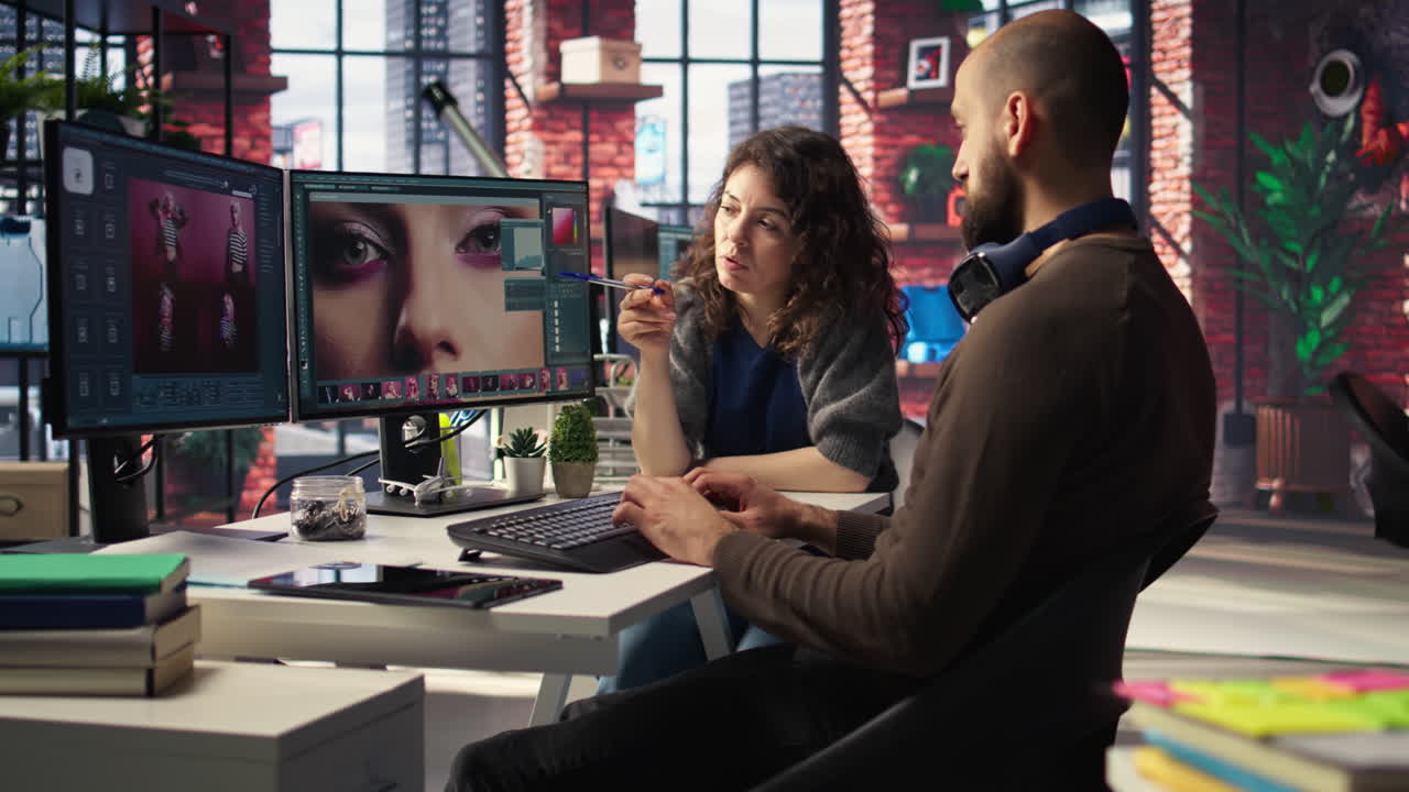 Man and woman creative team using AI to generate image models