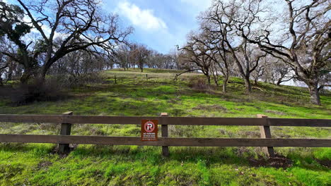 no parking sign on a fence with grass hillside and woodland trees