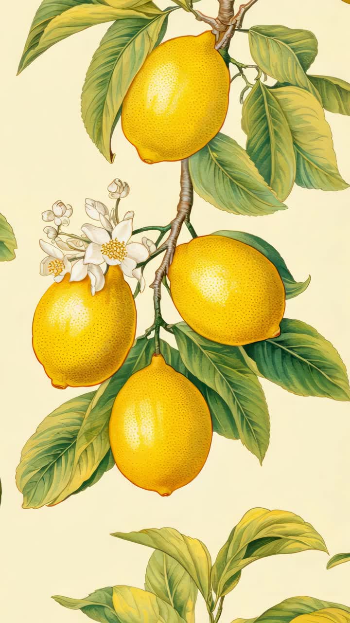 Vintage botanical illustration of lemons on a branch with leaves and flowers