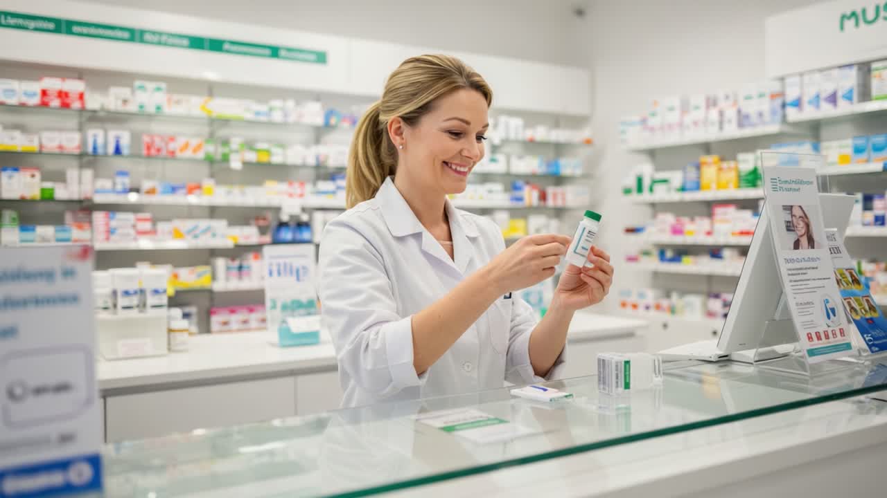 A Friendly Pharmacist Engaged in Customer Service at a Modern Pharmacy, Focused on Medication Guidance and Support, Creating a Positive Experience for Patients