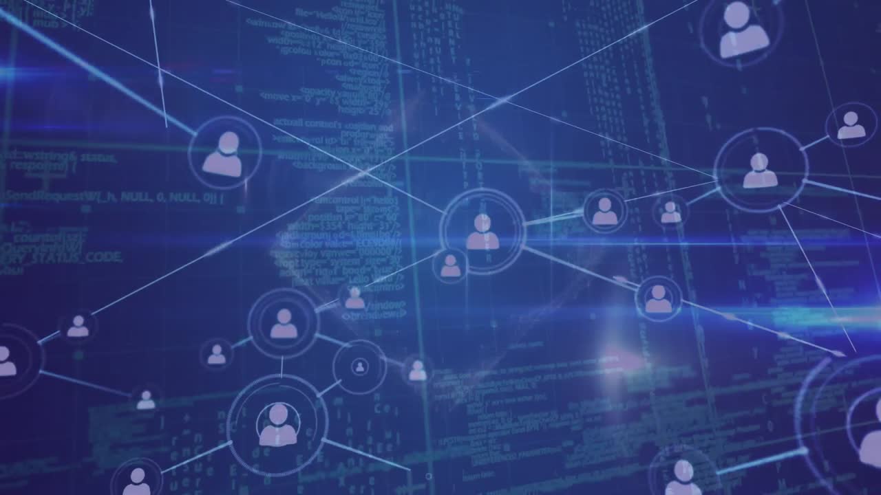 Animation of network of connections with icons over data processing