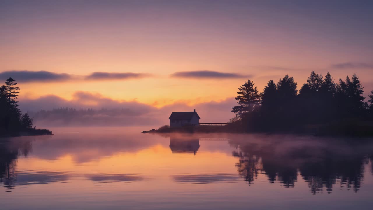 Misty Sunrise over a Lake with a Cabin