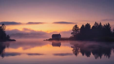misty sunrise over a lake with a cabin