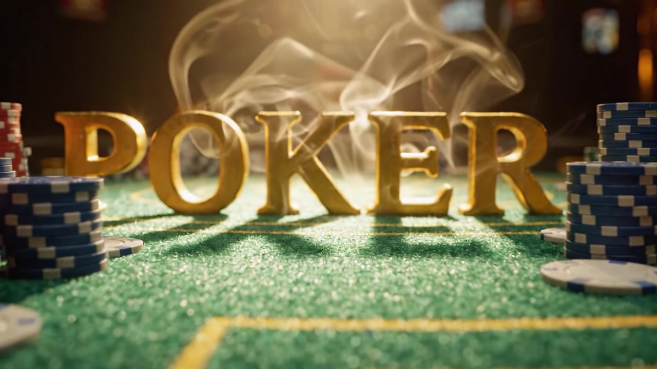 L'emozionante mondo del poker: una vista ravvicinata di fiches colorate e un'insegna vistosa su un tavolo di feltro, circondato da un'atmosfera classica da casinò.