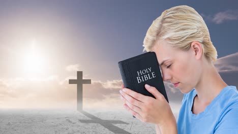 animation of caucasian woman praying holding bible and crucifix in sky