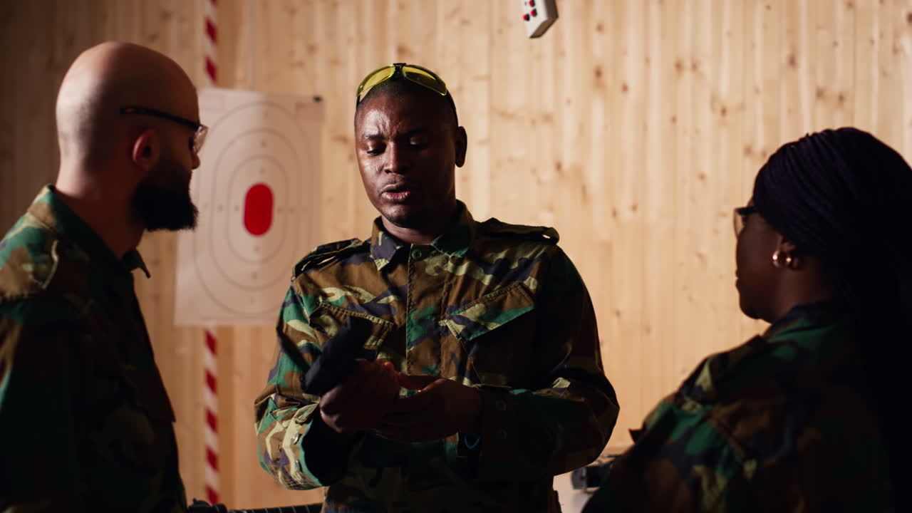 oficial militar instruyendo a los soldados, formando hábitos de combate