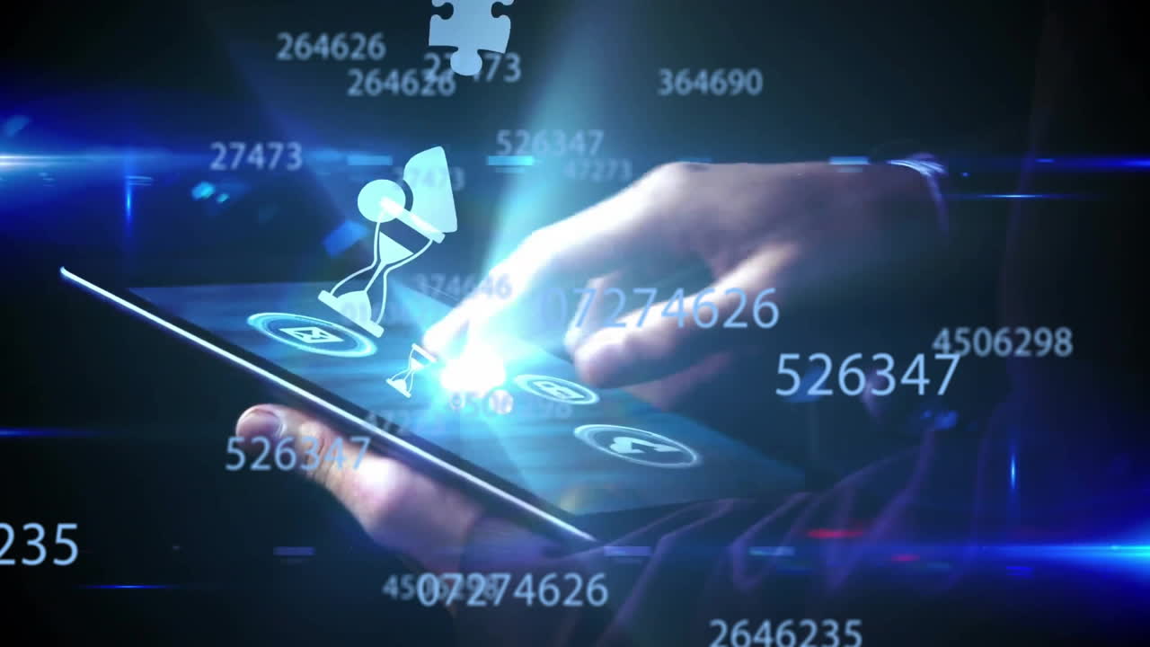 tableta táctil, persona interactuando con iconos digitales y animación de números