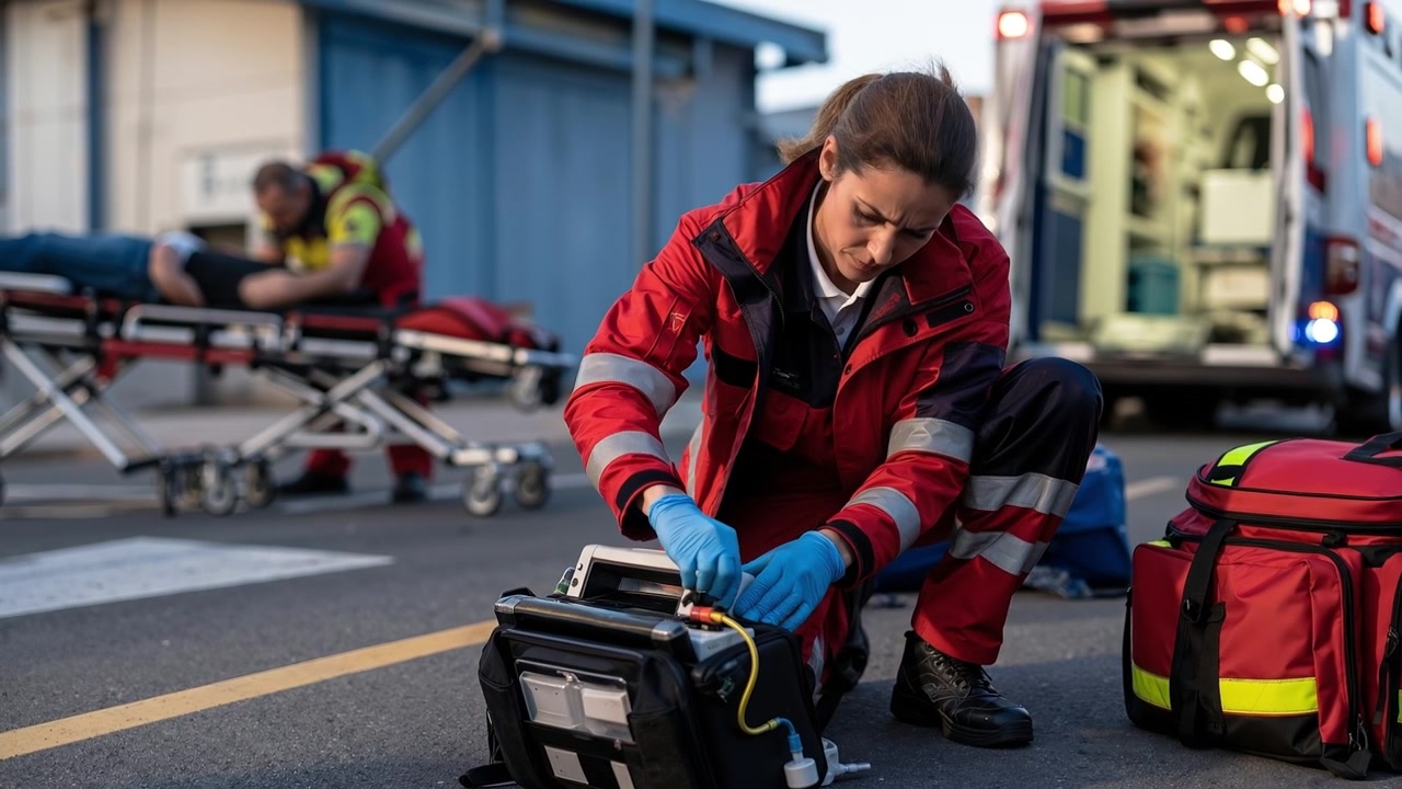 Kvindelig paramediciner i rød uniform knæler for at forberede medicinsk udstyr på et udendørs ulykkessted.