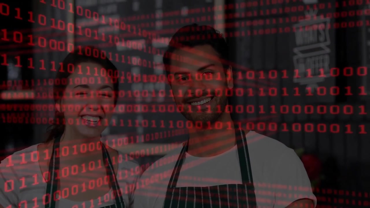 couple prepping meal at kitchen countertop, with red binary code overlay illustrating food tech