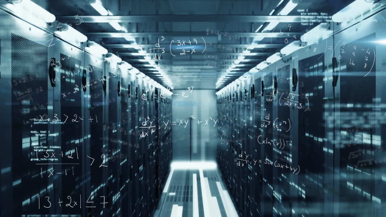 Animation of mathematical equations, data processing and mosaic squares against server room