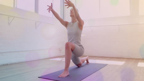 practicing yoga, woman stretching on mat with colorful light animation