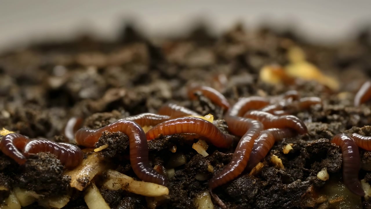 Várias minhocas se movem lentamente através de solo solto e fragmentos de plantas, revelando camadas de solo texturizadas, cores terrosas e composição próxima focada em processos naturais de decomposição