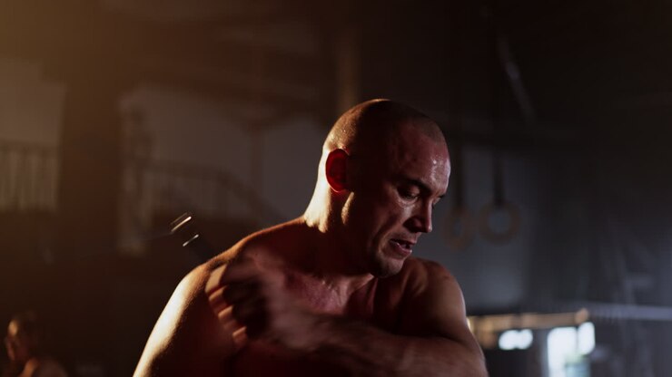 Shirtless man exercising in a gym
