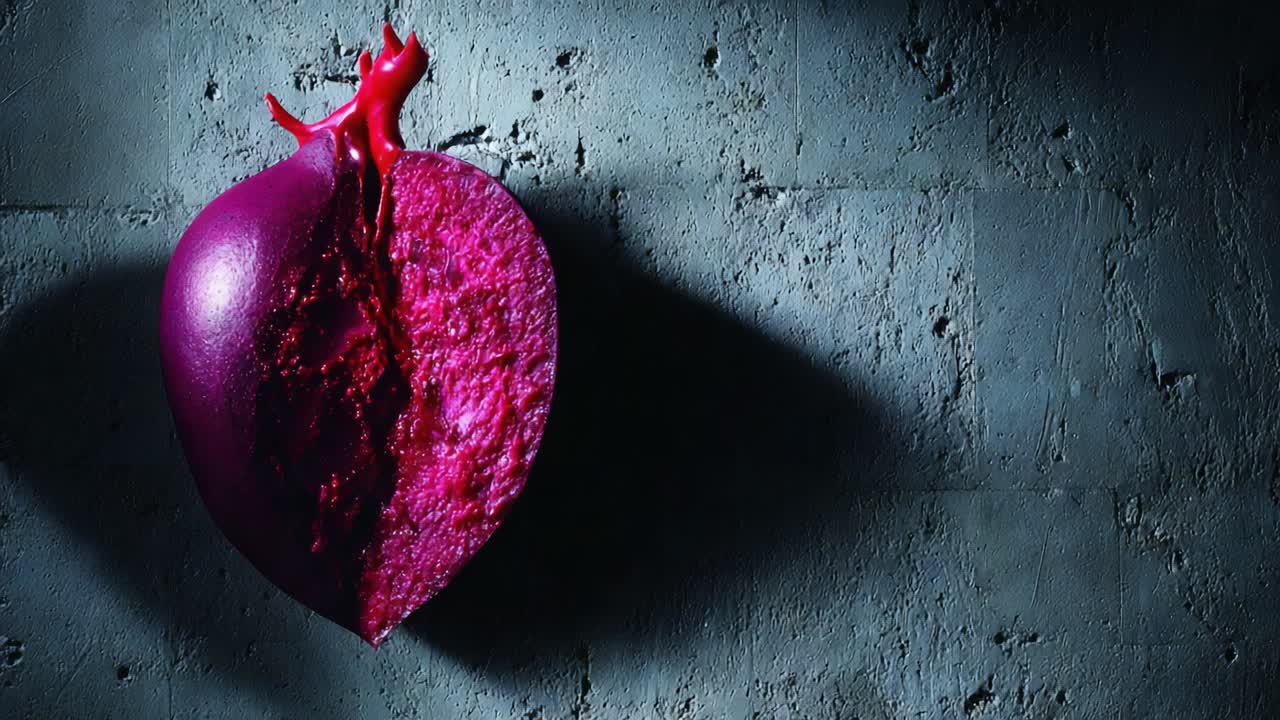 A visually striking art piece featuring a split pomegranate in deep purple and red tones set against a textured gray background, evoking themes of nature, emotion, and contrast