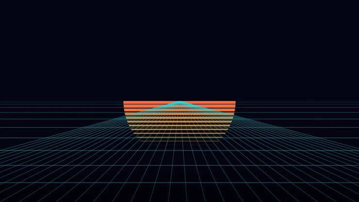 Retro Synthwave Style Grid Animation with Glowing Sunset