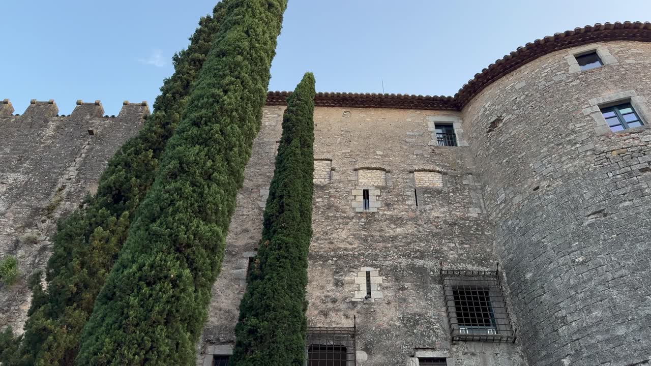 Horizontal view of medieval buildings in downtown Girona, Catalonia