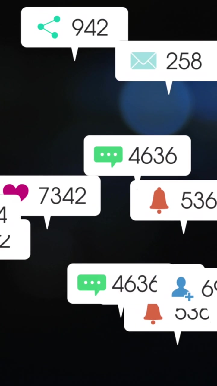 Animation of social media icons on multiple speech bubbles against colorful spots of light