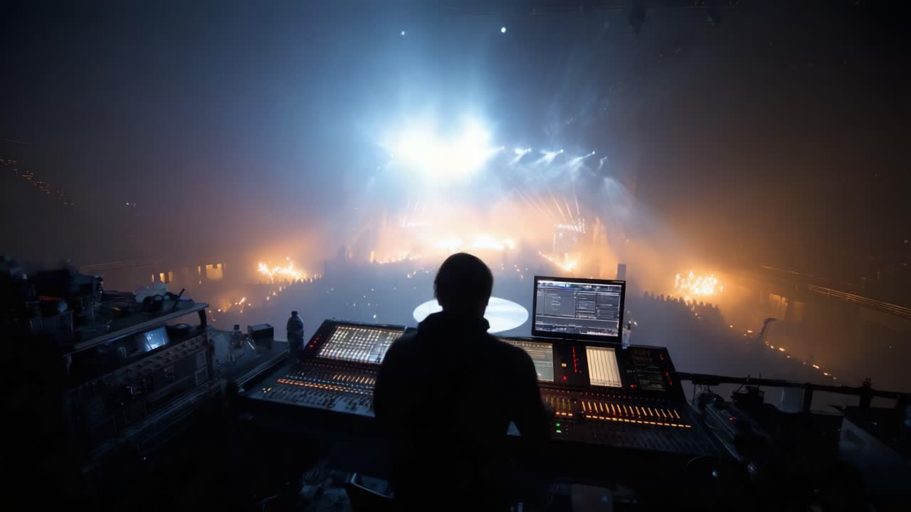 A Dynamic Stage Control Experience: The Enigmatic Presence of a Sound Engineer Overseeing a Stunning Light Show Performance in a Packed Concert Venue at Night