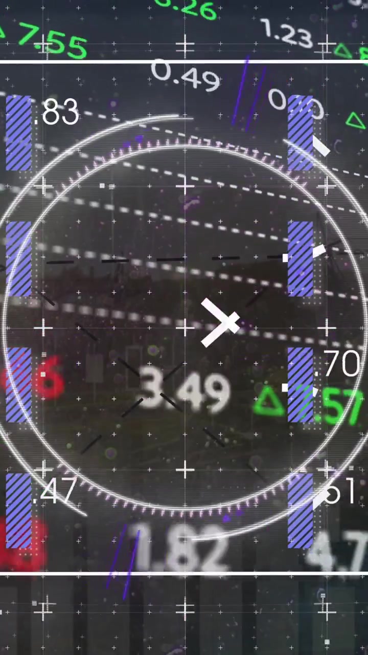 Animation of viewfinder, glitch, numbers and financial data on digital screen