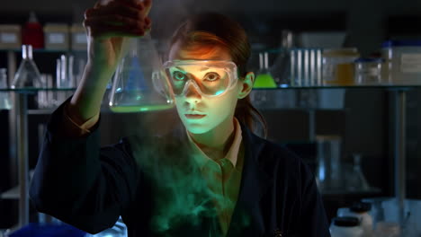 scientist conducting an experiment with glowing liquid in a lab