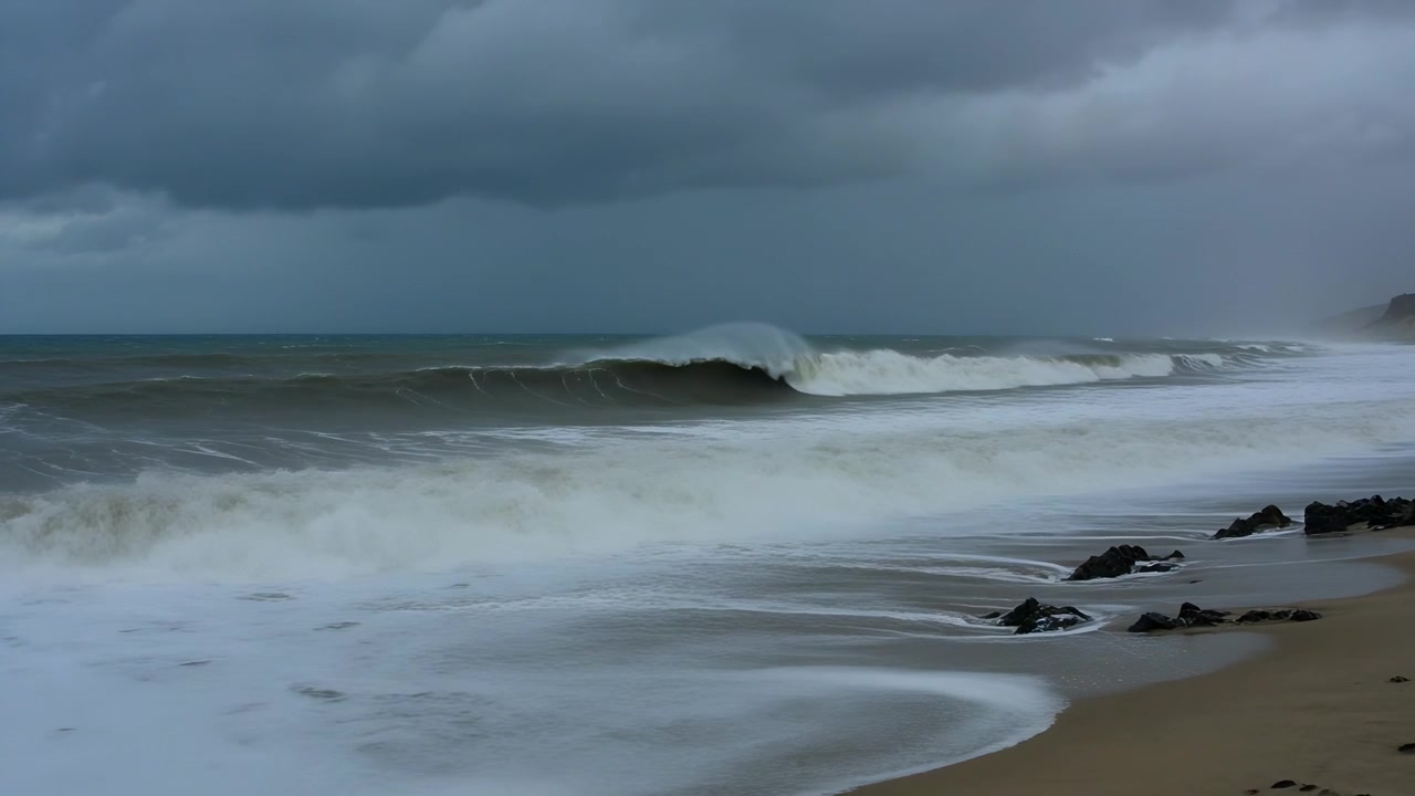 En innkommende bølge krøller seg og bryter mot en sandstrand, og vasker mørke steiner fra pålandsvind.