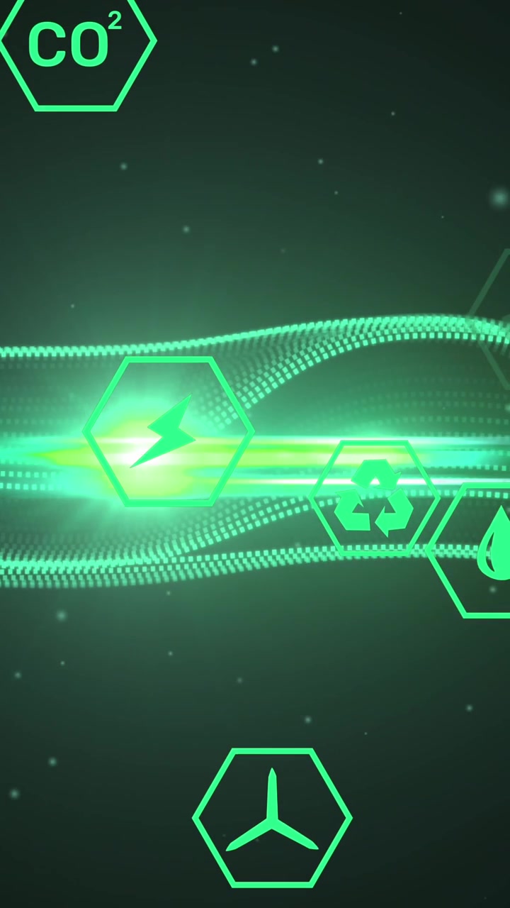 Animation of moving green wave and icons over dark background