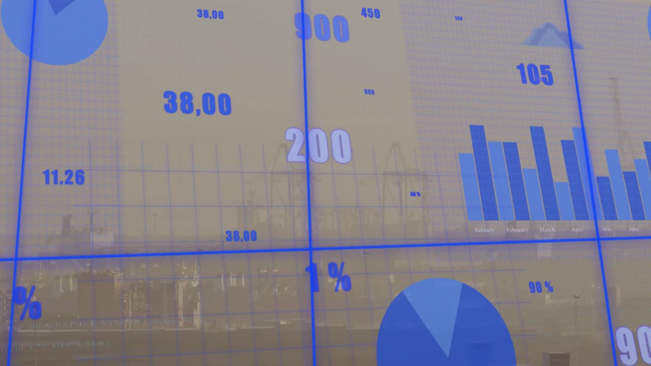 animación del procesamiento de datos estadísticos a través de la red de cuadrícula frente a una vista aérea del paisaje urbano