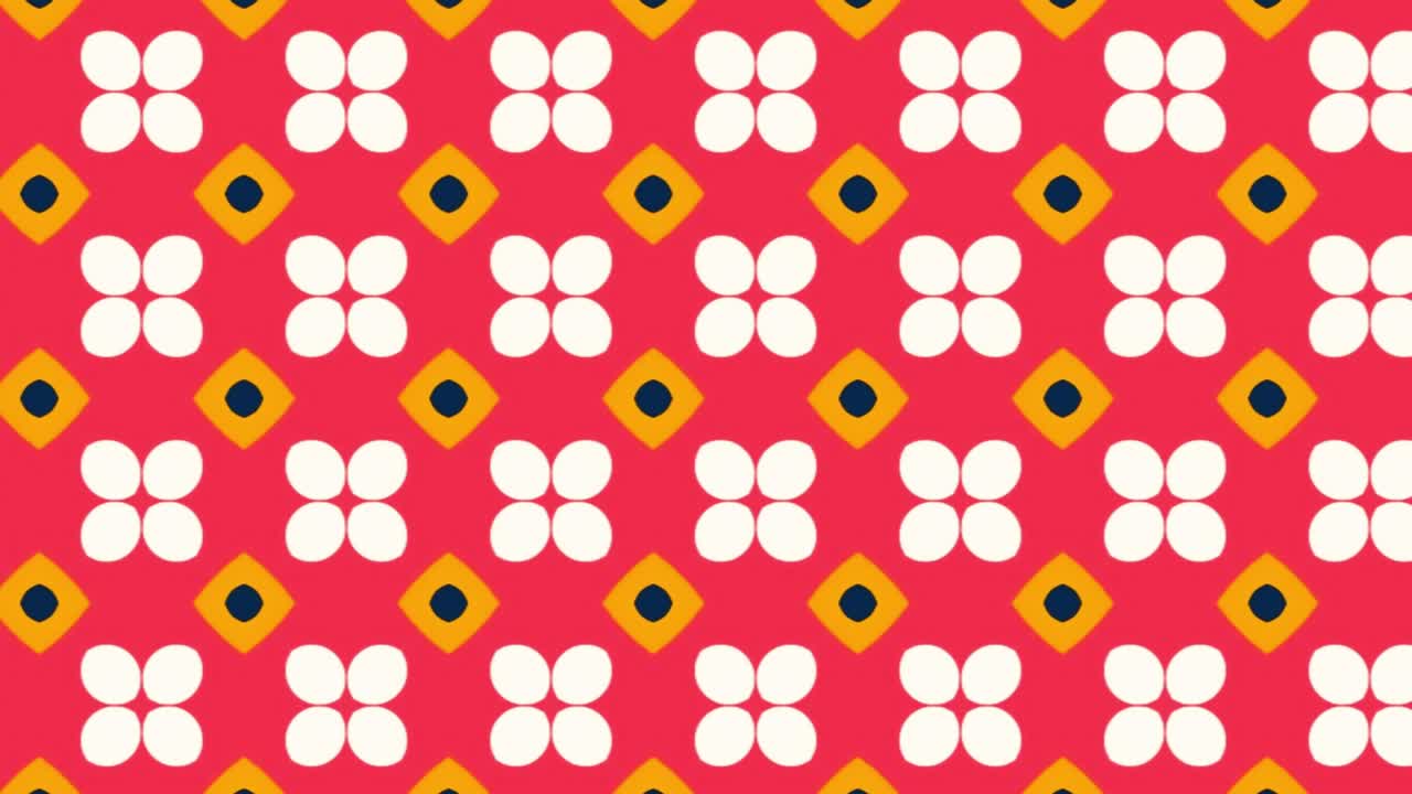 Sømløst rødt blomster- og diamantmønster med hvide kronblade og gule marineblå accenter til tekstildesign, animationsslides og grafik.