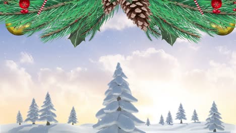Animation-of-christmas-decoration-and-snow-falling-on-trees-in-winter-landscape