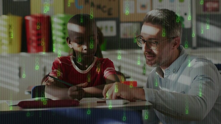 Teacher pointing at paper guiding student through writing exercise with floating green digital code