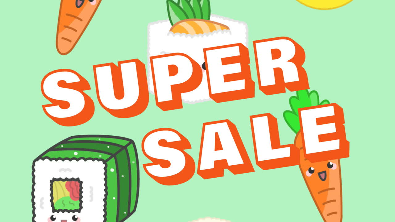 animación de la ilustración con texto de venta en caliente sobre zanahorias y sushi en fondo verde