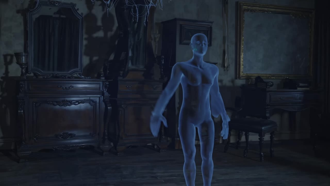 A translucent figure stands in a dimly lit vintage room, captured from a low angle