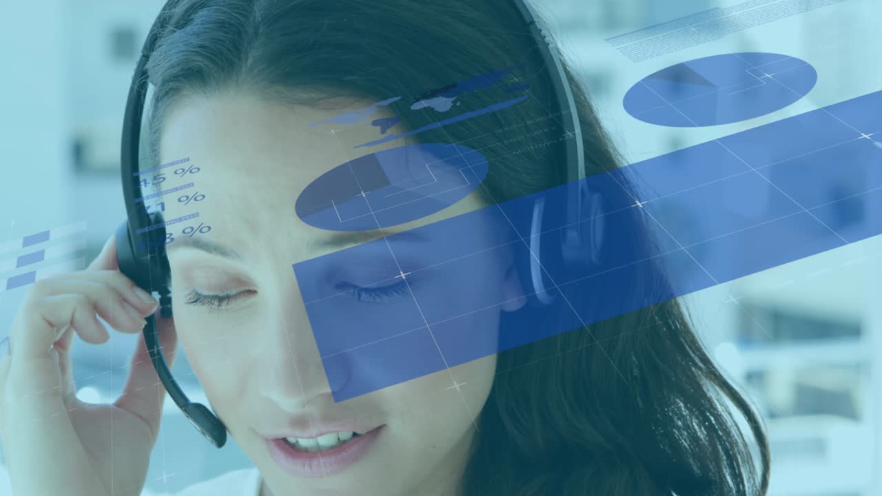 파란색 통계와 그래프의 애니메이션 여성 콜 센터 직원