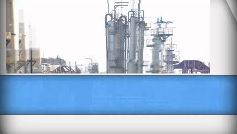 animación de paneles azules y blancos que se abren sobre la planta de procesamiento químico