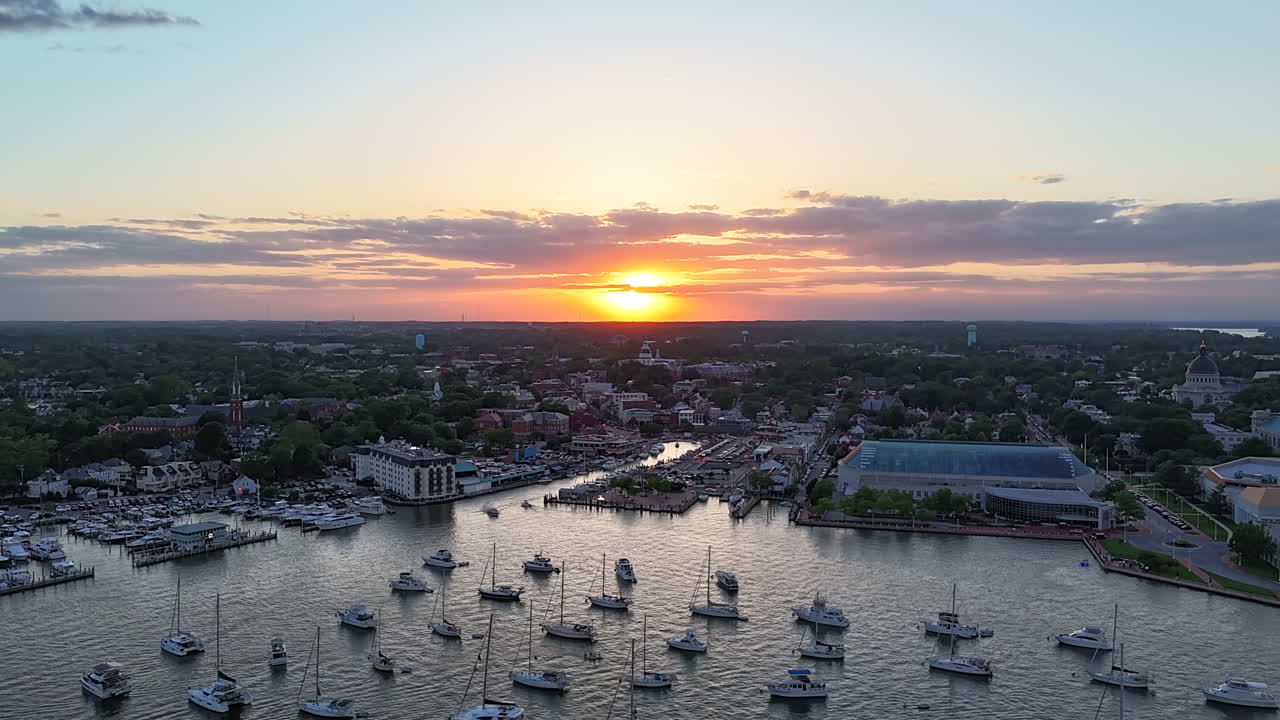 Sunset Over The Historic Waterfront Of Annapolis, Maryland, America's Sailing Capital - Drone Timelapse