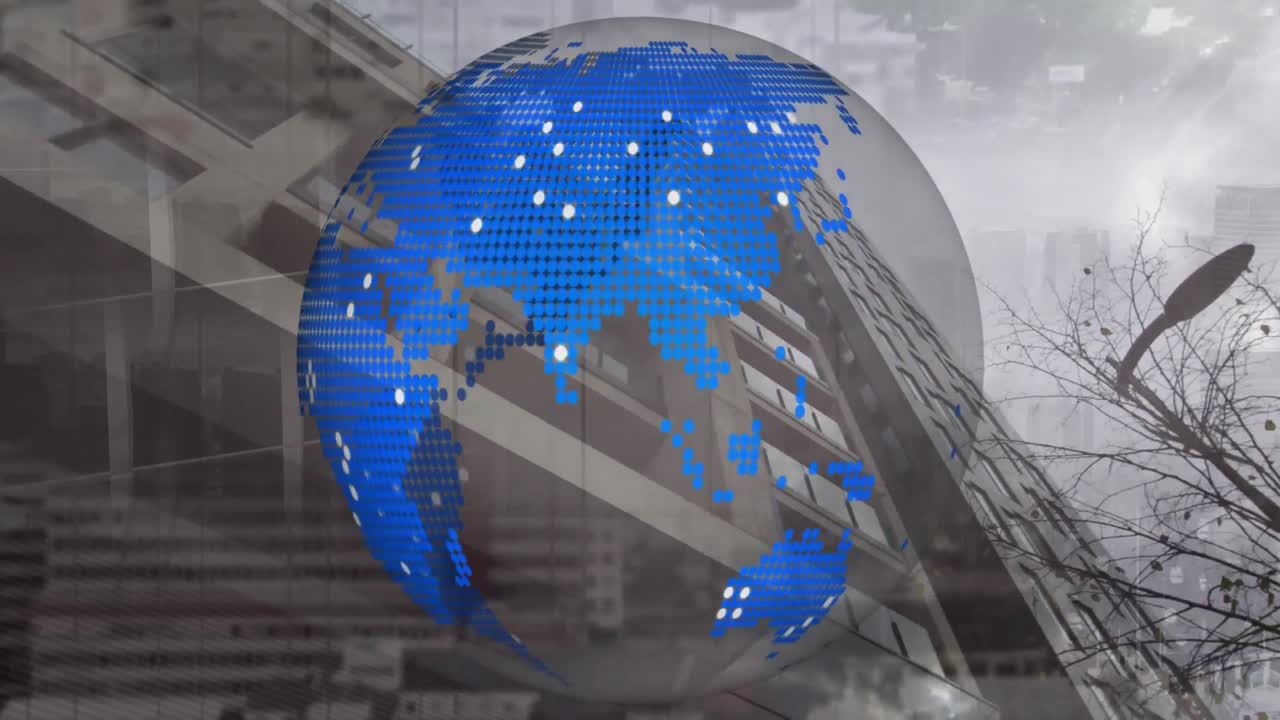 animación del globo girando sobre el paisaje urbano