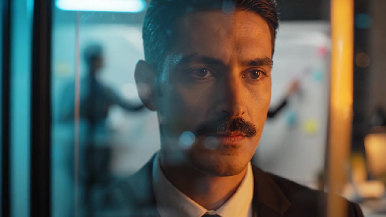 A contemplative man dressed in formal attire gazes intently through glass, reflecting a moment of deep thought amidst a vibrant professional environment.