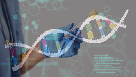 animación de la cadena de adn y procesamiento de datos sobre un médico biracial con tubo de ensayo