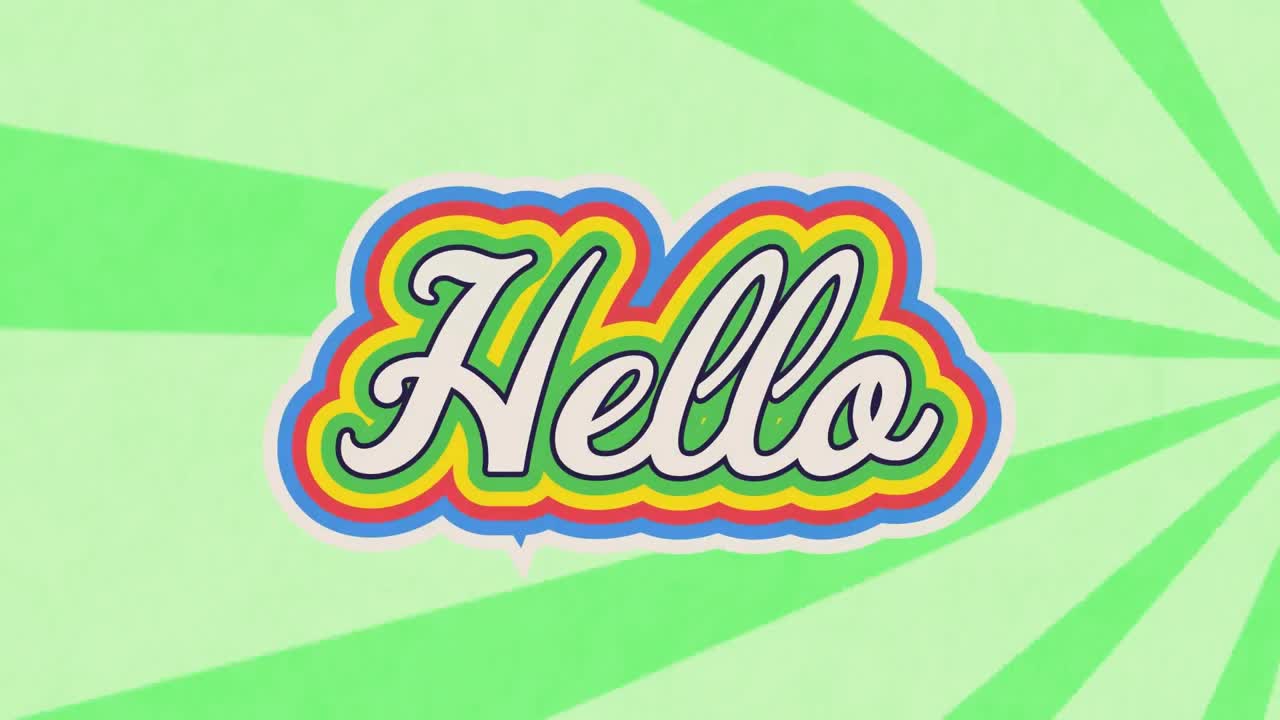 Digital animation of hello text with rainbow shadow effect against green radial background