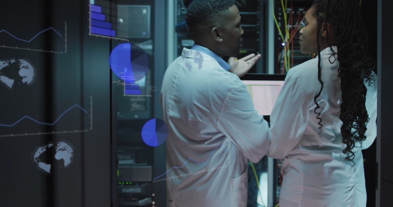 Animation of data processing over diverse it technicians and computer servers