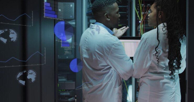 Animation of data processing over diverse it technicians and computer servers