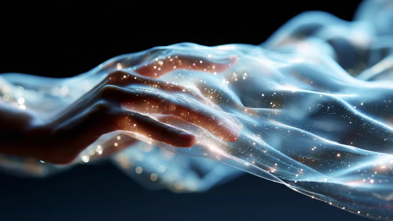 Captivating interaction between a human hand and a flowing, ethereal fabric filled with sparkling particles, showcasing the beauty of touch and the essence of connection through glowing textures