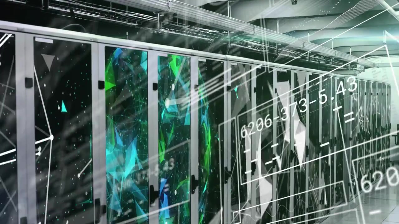 HUD overlays sliding right across datacenter racks monitoring numeric readouts, pulsing teal LEDs
