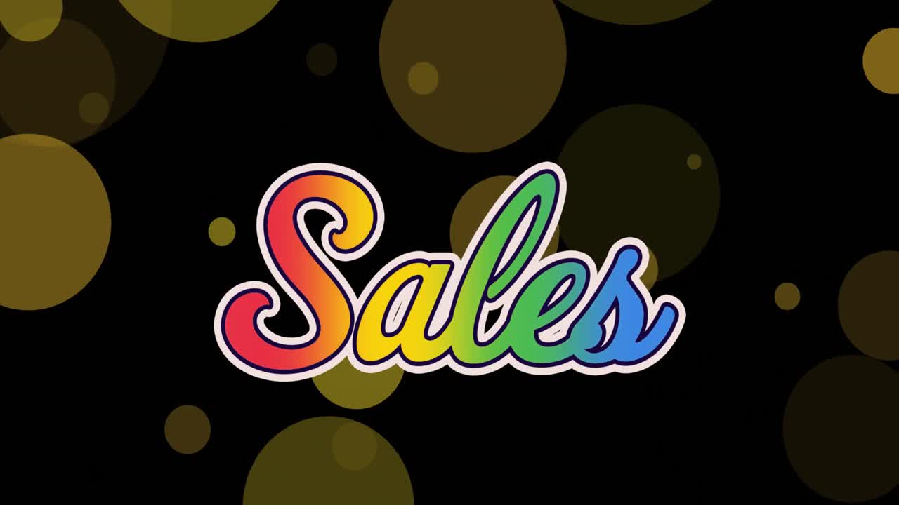animación de un colorido banner de texto de ventas con gradiente sobre manchas amarillas flotando contra un fondo negro